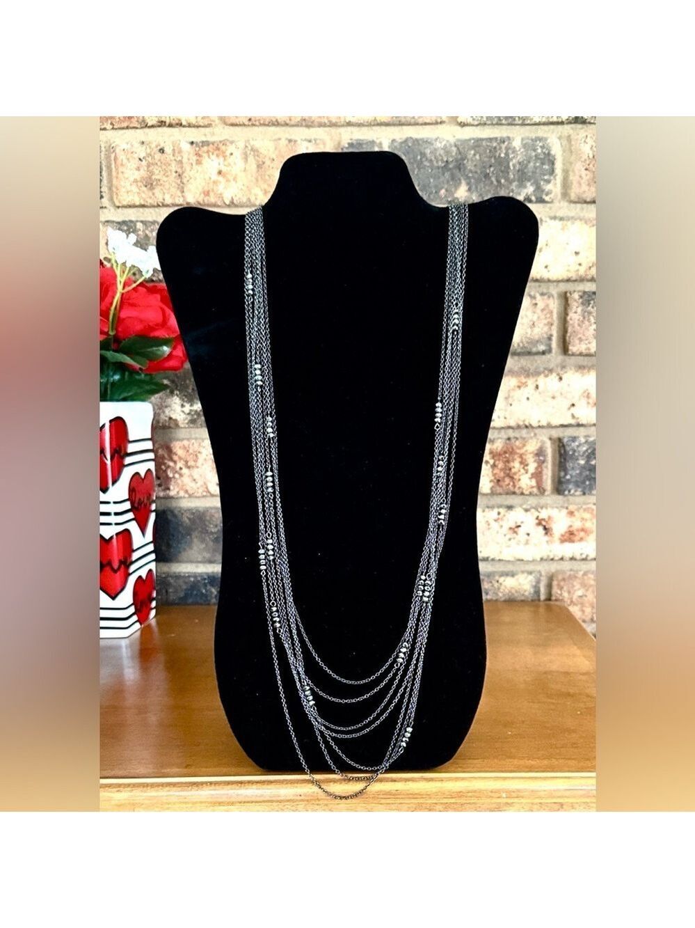 Vintage 7 strand dark silver tone and beaded layered necklace